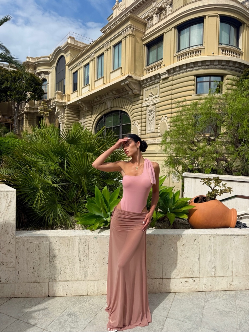 Women's Dusty Pink One-Shoulder Maxi Skirt Set